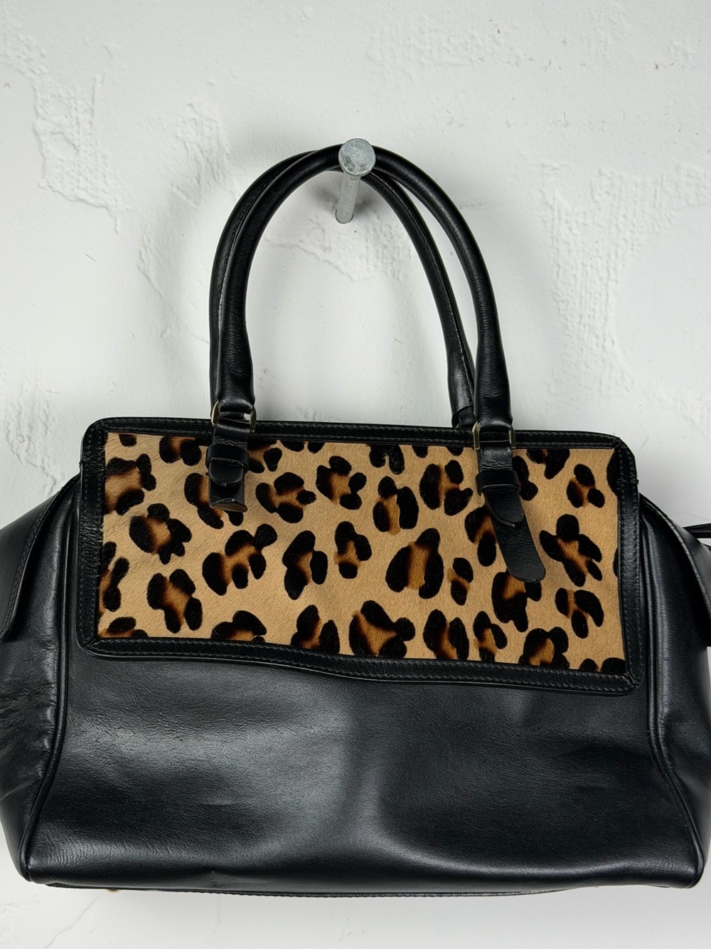 Vittoria Napoli Soft Black Leather Satchel with Leopard-Print Panel